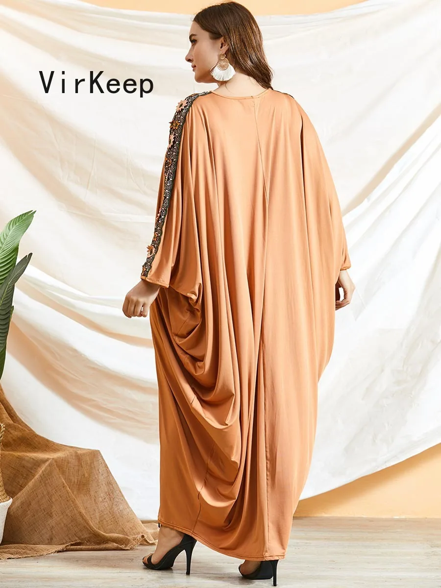 

women casual free size sequined design maxi dress batwing full sleeve ethnic muslim abaya female loose robe dubai gown VKDR2486