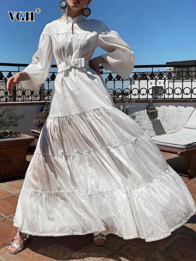 

VGH Vintage Plain Dress For Women Stand Collar Loose Long Lantern Sleeve High Waist Mid A Line Dresses Female 2021 Autumn Style