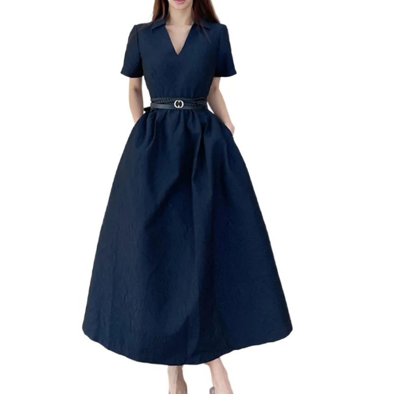 

Женское жаккардовое платье с поясом, однотонное платье макси с V-образным вырезом и коротким рукавом, лето 2021