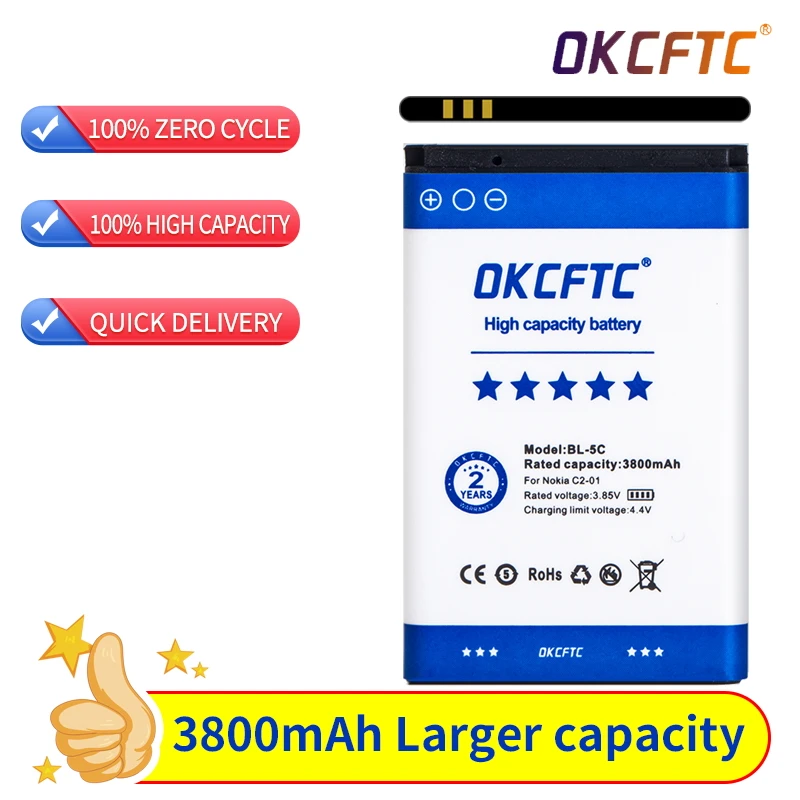

OKCFTC BL-5C BL5C BL 5C Replacement Li-ion Lithium Battery 3800mAh Batteries for Nokia 1112 1208 1600 2610 2600 n70 n71