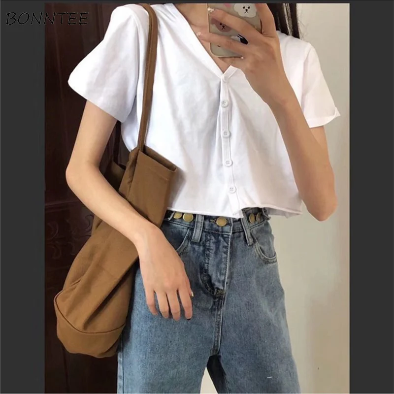 

Short Sleeve T-shirts Women Tees Cropped Simple Single Breasted Solid Slim Ladies V-neck Summer Basic Harajuku Mujer Casual Tops