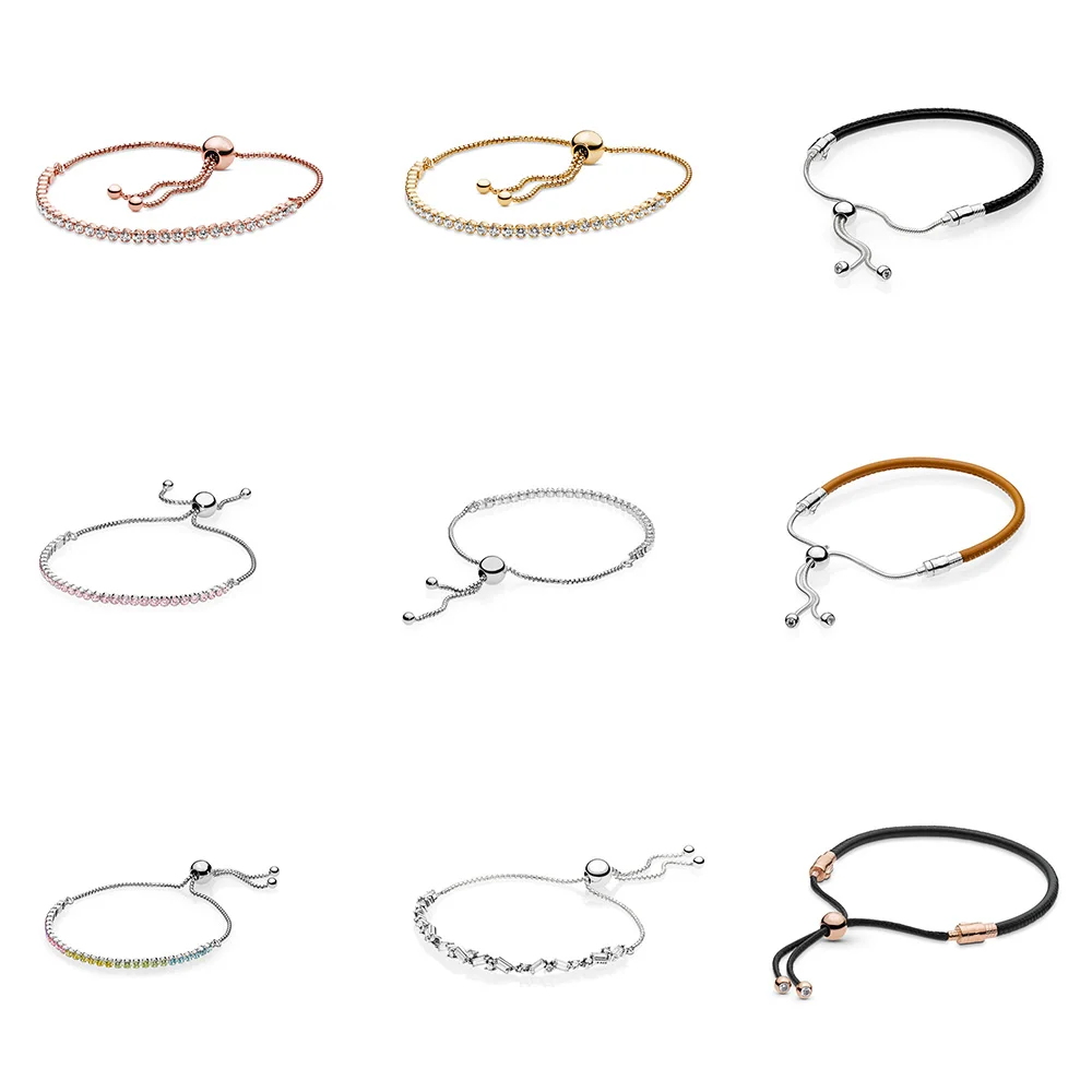 

925 Sterling Silver Bracelets For Women Black Leather Bracelets Diy Round Shape Crystal For Party Jewelry