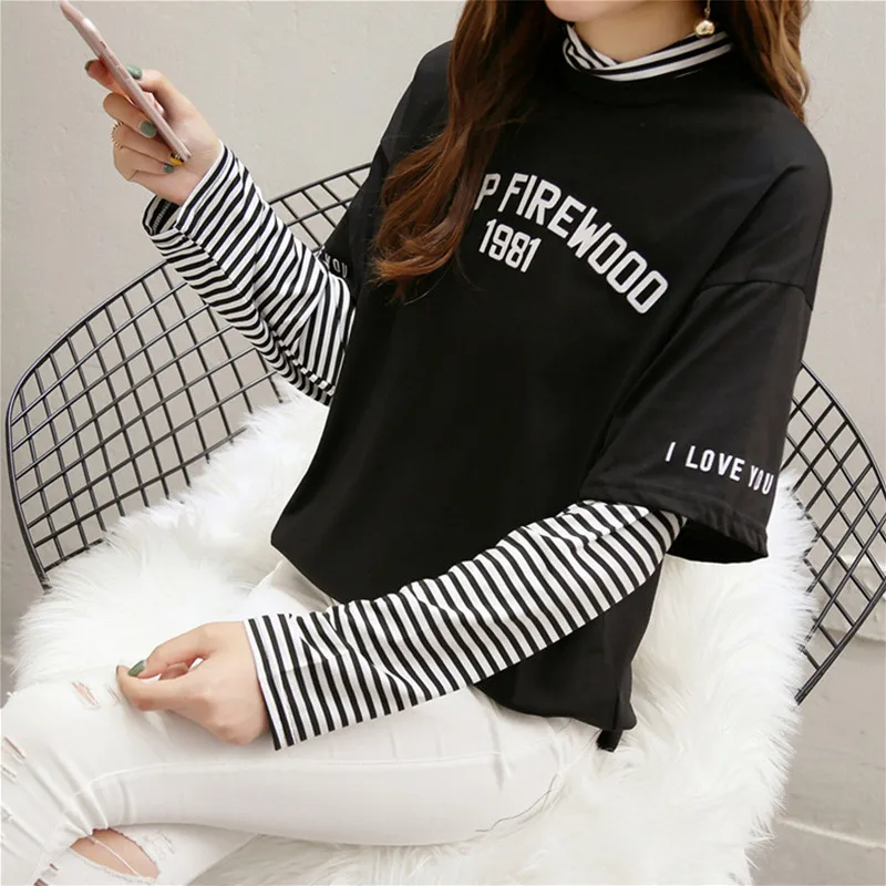 Весенне-осенняя женская футболка с надписью в полоску пэчворк кэжуал свободный