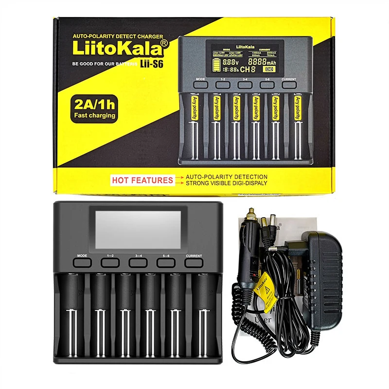 

LiitoKala Lii-S6 Battery charger Dispaly 18650 Charger 6-Slot Auto-Polarity Detect For 18650 26650 21700 32650 AA AAA batteries