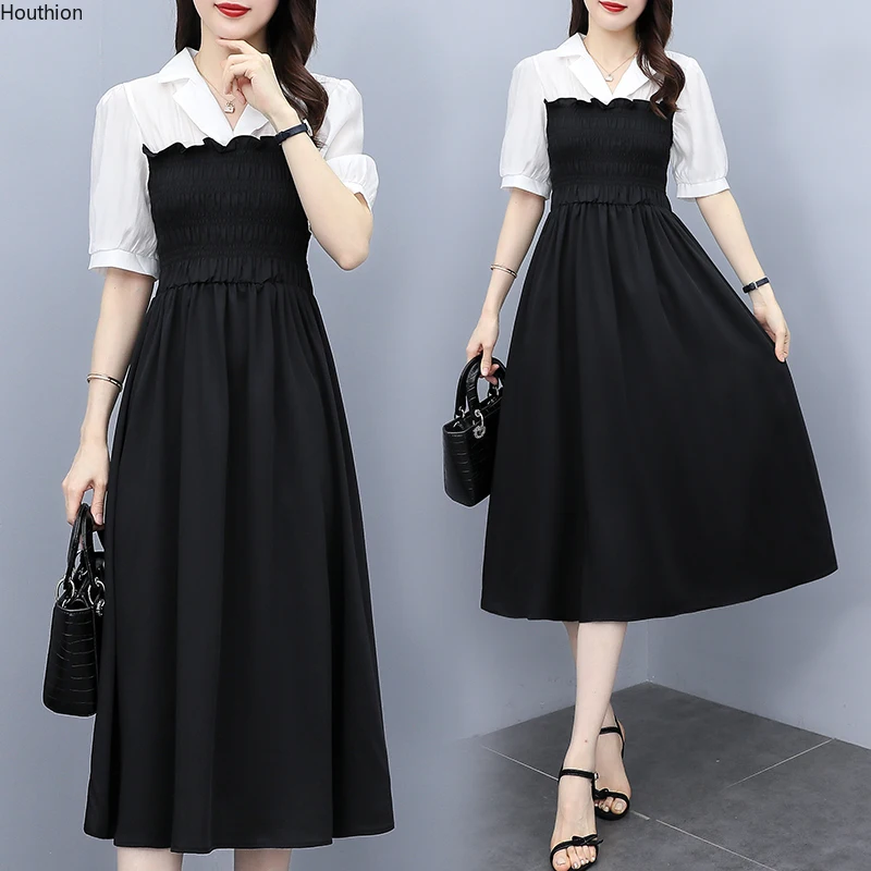 

Women's Dress Short Sleeve Suit Collar Dresses Solid Color Splicing Sexy Summer New Fashion Casual Houthion