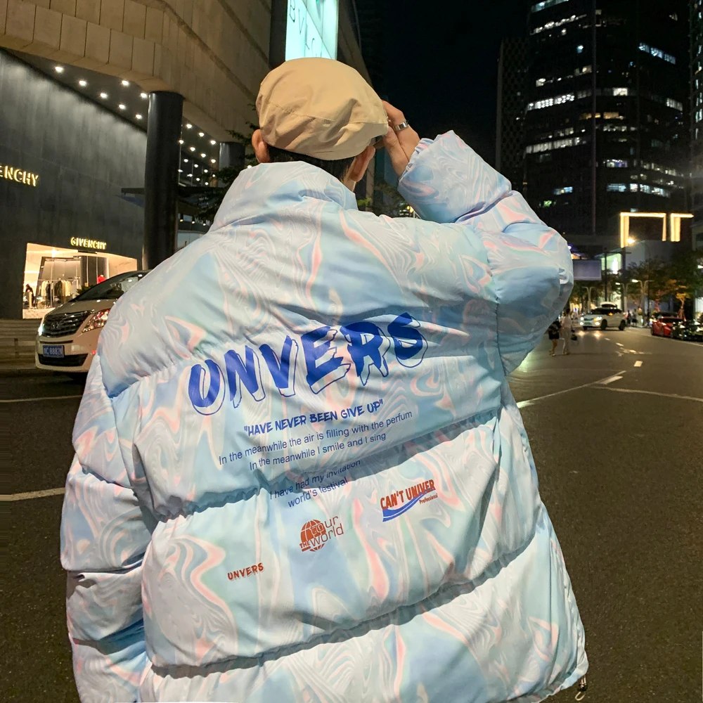 Water Pattern and Letter Print Puffer Jackets for Mens Winter Warm Clothing Plus Size Harajuku Streetwear Loose Fit Bubble Coats | Мужская