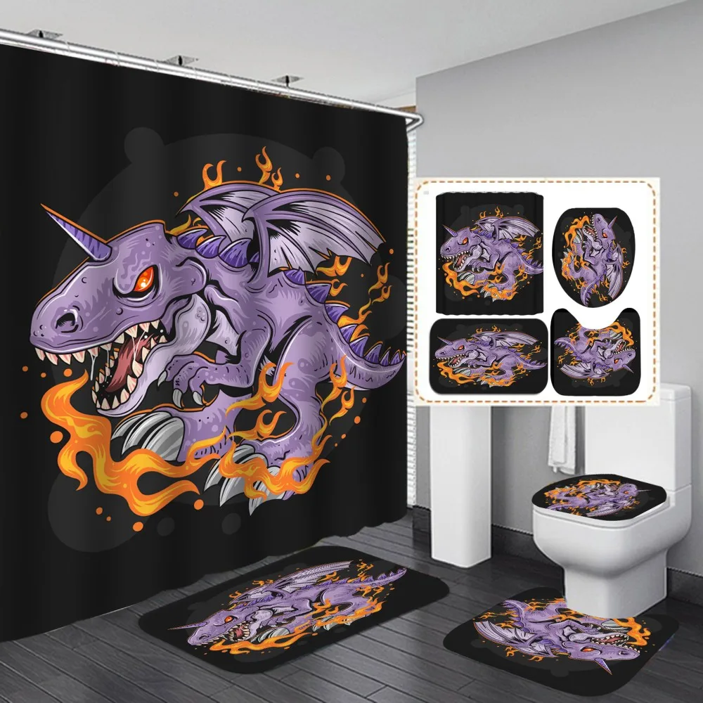 

Cartoon Dinosaur Unicorn 3D Shower Curtain with Hooks 4pcs Set Kitchen Toilet Door Mat Floor Carpet Anti Slip Home Textiles