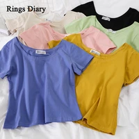 rings diary women summer short sleeve crop tees round neck cotton retro comfortable knit tshirts going out solid color new top