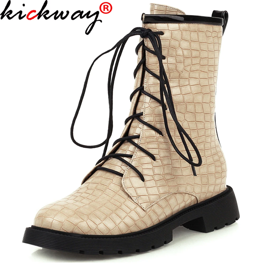 

Kickway Snake Leather Ankle Boots Women Autumn Winter Low Heel Ladies Cross Tied Shoes Woman Round Toe Black Zipper Female Boots