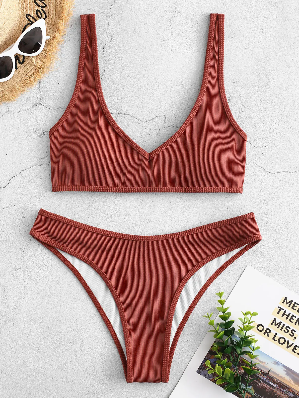ZAFUL Textured Ribbed Bikini Swimsuit 2020 Rib Special Fabric Strapping Waistcoat Removable Padded V Neck Two-Piece Suits | Спорт и