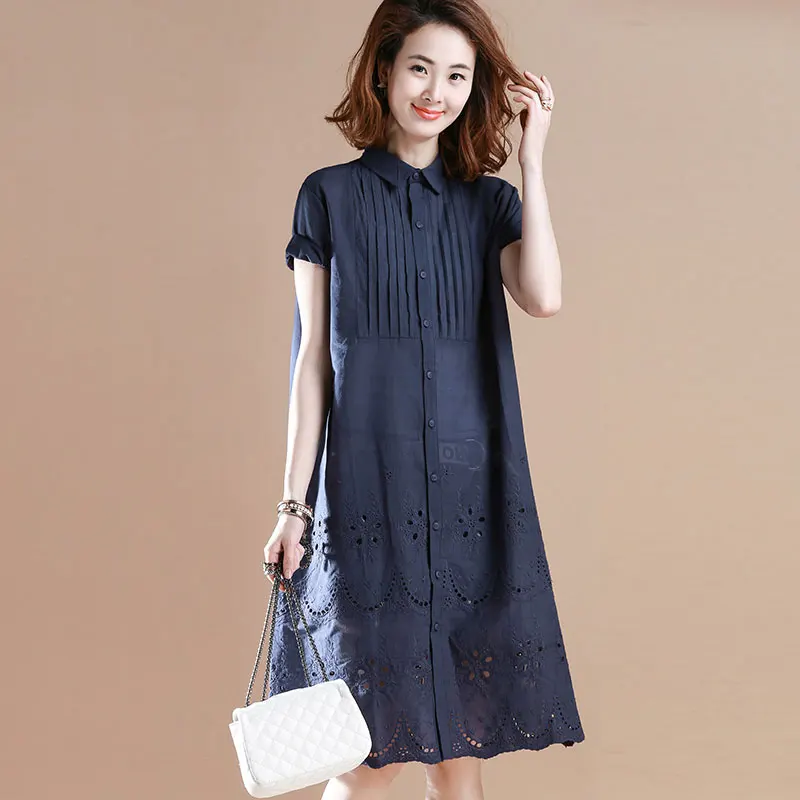 

Новый Свободное платье-рубашка Женщины Летом 2021 г. Повседневная мода Воротник рубашки Короткий рукав Вышивка Опустошить Платье А-силуэта