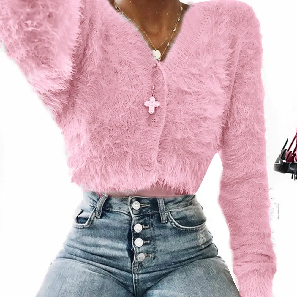 Women Sweater Fashion V-neck Long Sleeve Furry Casual Crop Popular Tops Crochet Knit #45 | - Фото №1