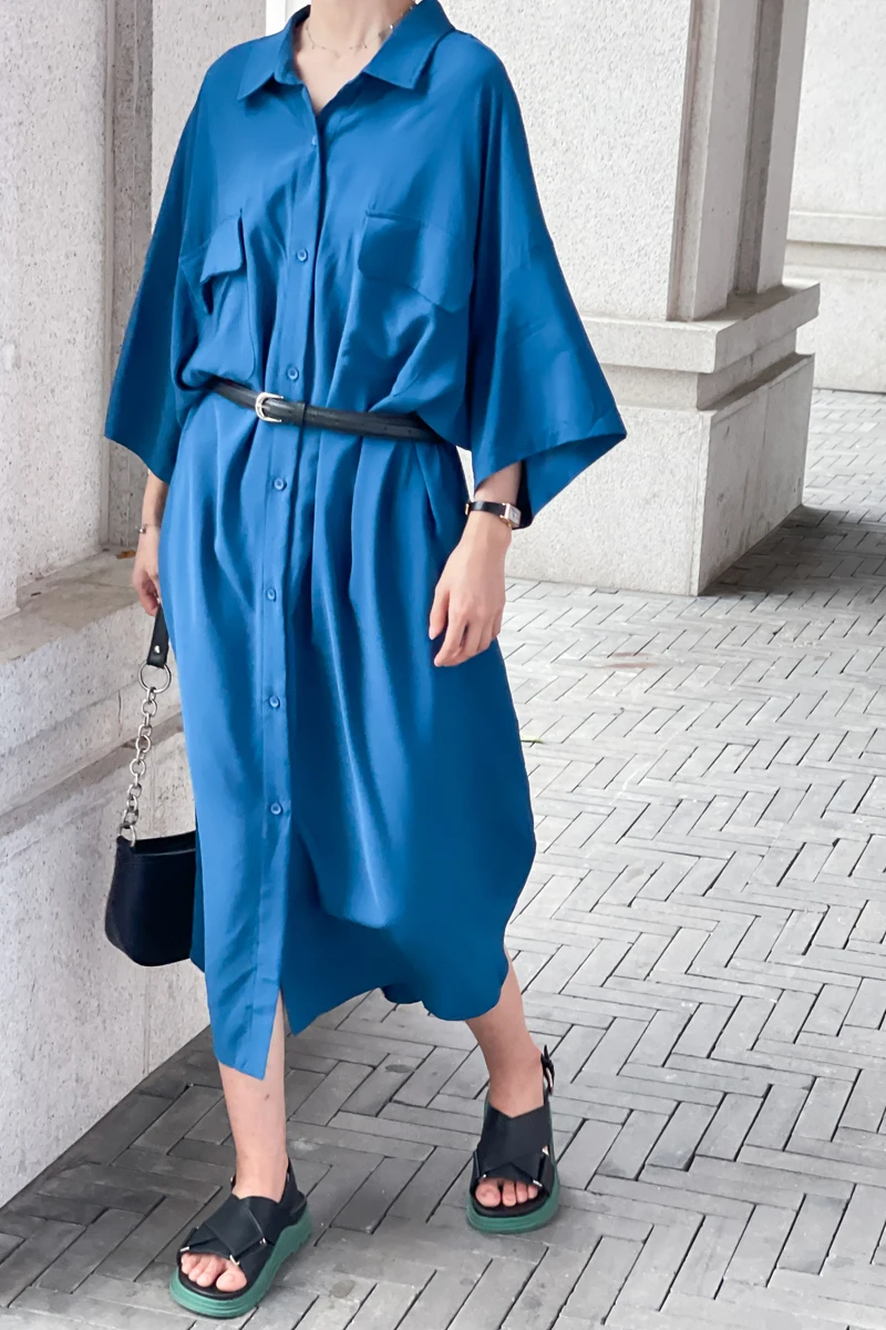 

SuperAen 2021 New Summer Cool Tencel Cotton Strapless Shirt with Belt Solid Turn Down Collar Loose Dress for Women