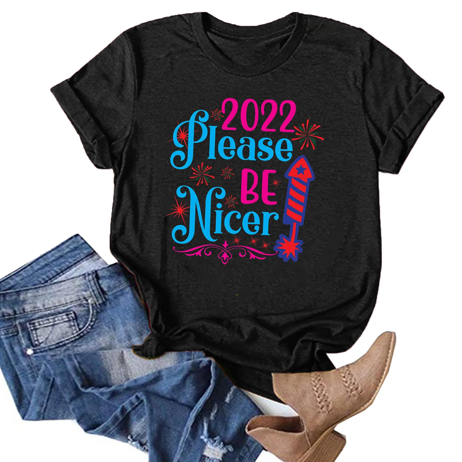 

2022 Happy New Year Casucal Women T-shirts Christmas Cute 2022 Print Round Loose Fashion Round Neck Hot sold Short sleeve