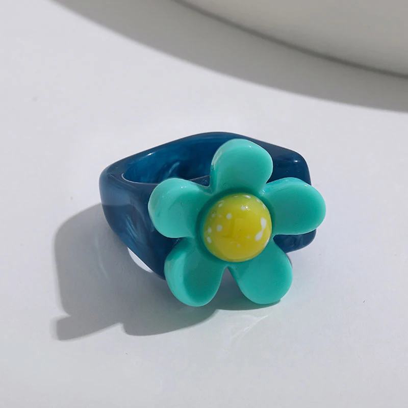 

2021 New Trendy Colorful Sunflower Korea Style Ring for Women Girls Resin Rings Gift Lovely Retro Acrylic Flower Pretty Jewelry