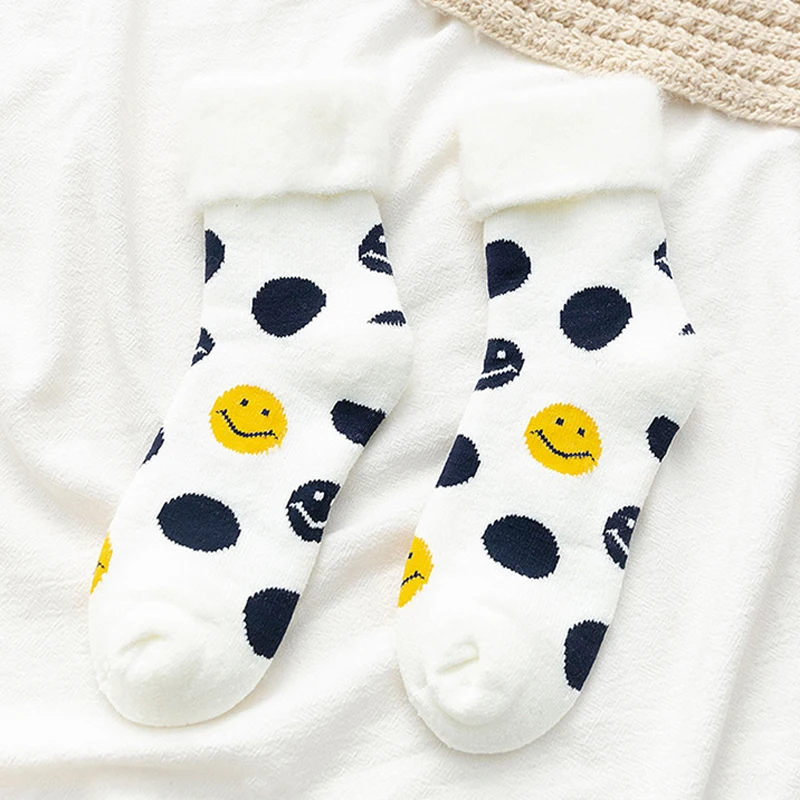 

Winter Sleep Warm Thicken Socks Women Soft Plush Cotton Happy Floor Socks Korean Fashion Cute Funny Smiley Striped Ladies Socks