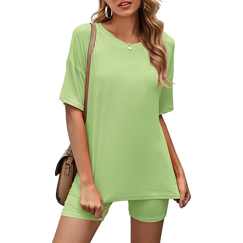 

European and American Summer New Women's Home Clothing Solid Color Top & Casual Tight Shorts