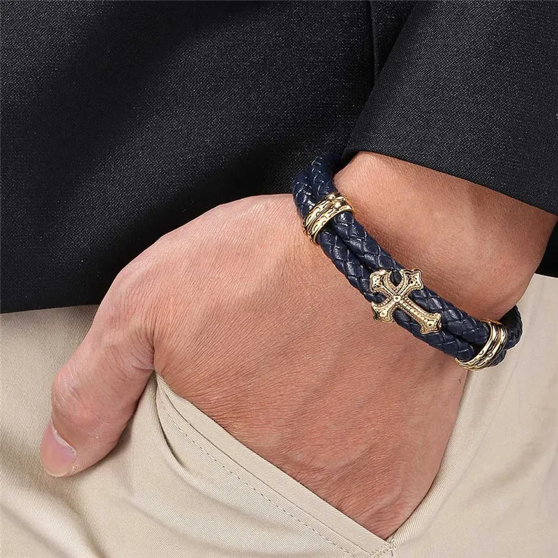 

Luxury Leather Woven Cross Stainless Steel Retro Men's Charm Bracelet Metal Accessories Leather Bracelet Bracelet Gift Wholesale