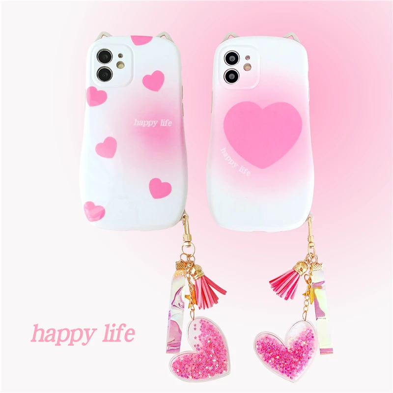 

Pink Love Heart + Crystal Flash Diamond Pendant Silicone Phone Case for Iphone 12 11 Pro XS XR 7 8 Plus X 3D Cat Ears Cute Cover