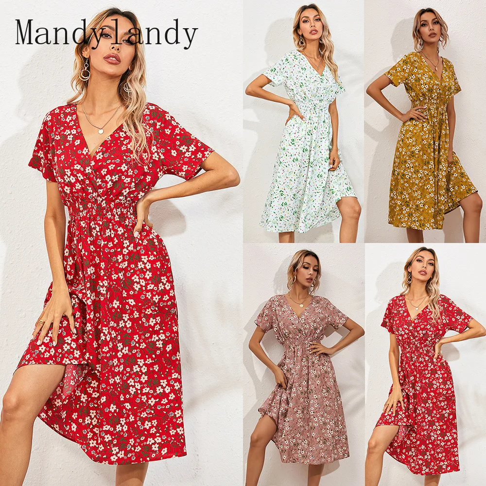 

Mandylandy Summer Women Beach Dress Shorts Sleeve Small Floral Print Dresses High Wasit A-line Knee Length Short Sleeve Dress