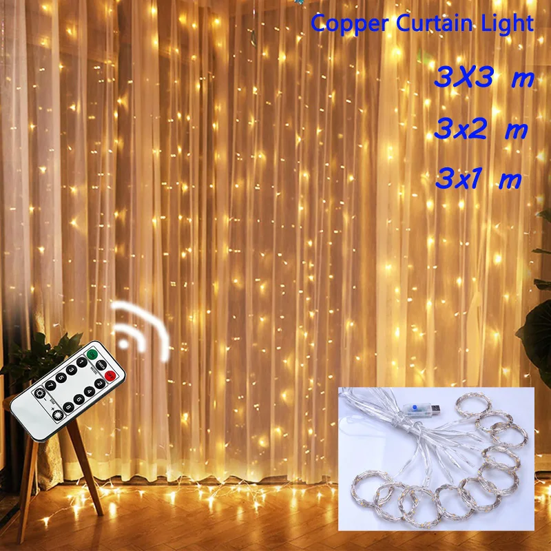 

3x1 3x2 3x3m Copper LED Icicle Curtain Lights USB Power Remote Control LED Fairy Lights Christmas Garland String Lights Home Dec