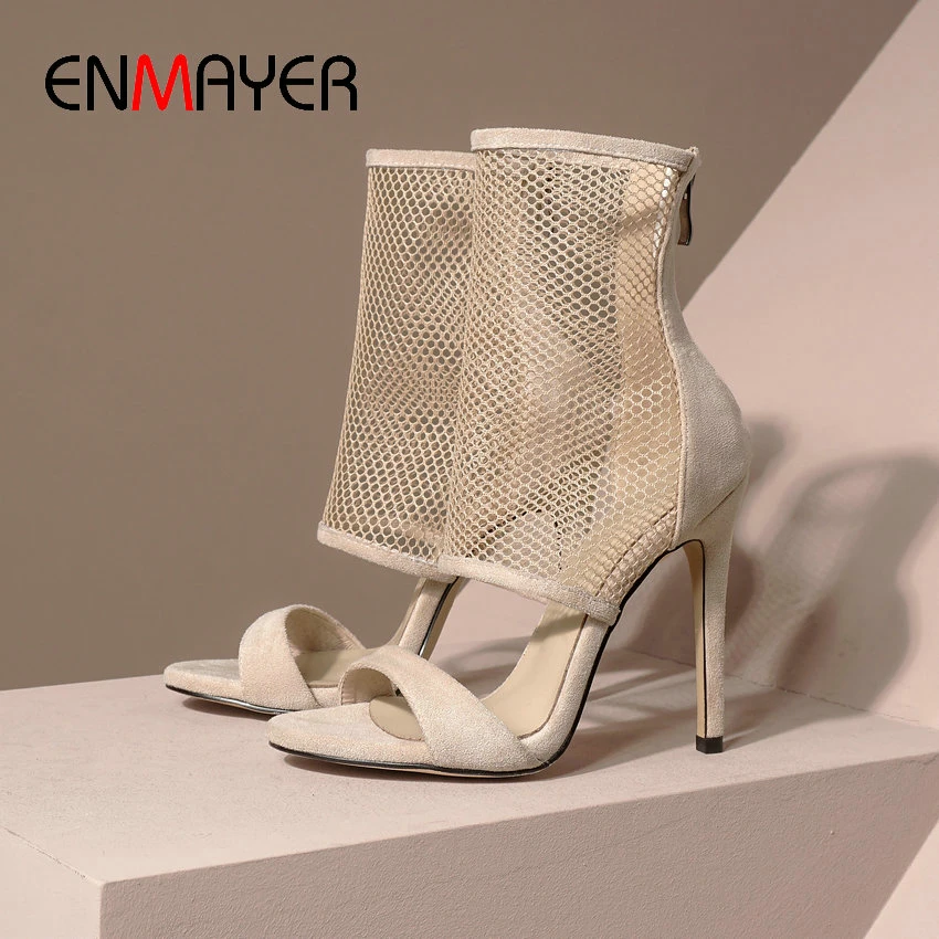 

ENMAYER Gladiator Flock Party Zip Luxury Shoes Women Designers PU Fashion Patchwork Cover Thin Heels Gladiator Sandals Women
