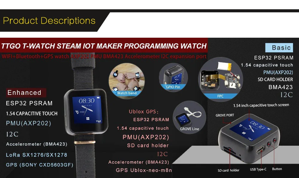 LILYGO®TTGO T-Watch программируемые носимые экологические взаимодействие WiFi Bluetooth Lora ESP32 емкостный сенсорный экран