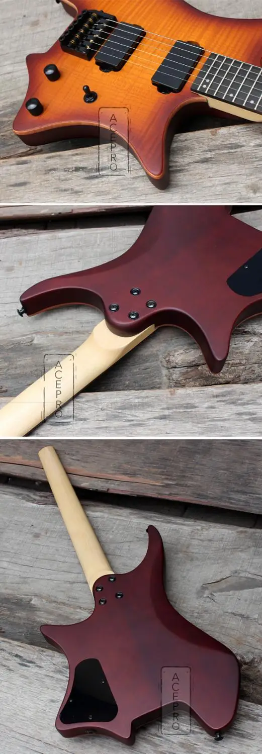 Электрогитара Sunburst черная без головы с верхом из огненного клена | Спорт и