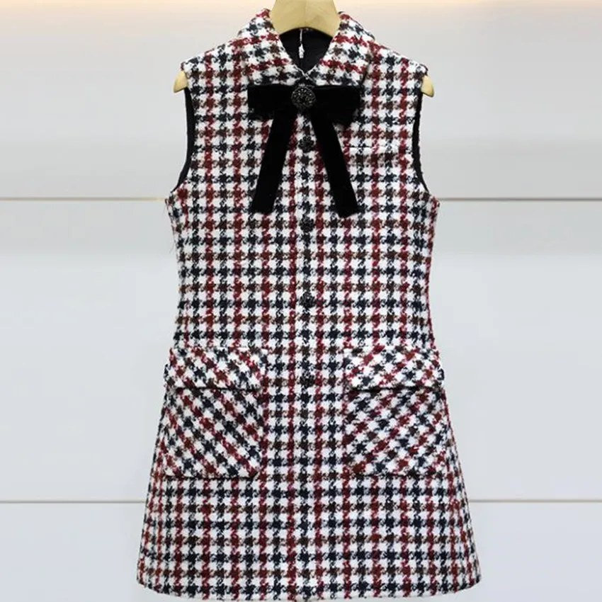 

Small fragrance winterTweed Houndstooth woolen vest dress women bow Sleeveless party dress a-lien