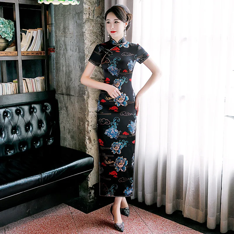 

Black Vintage Eiegant Women Qipao Chinese Traditional Classic Mandarin Collar Cheongsam Sexy Slim Long Vestidos Plus Size Dress
