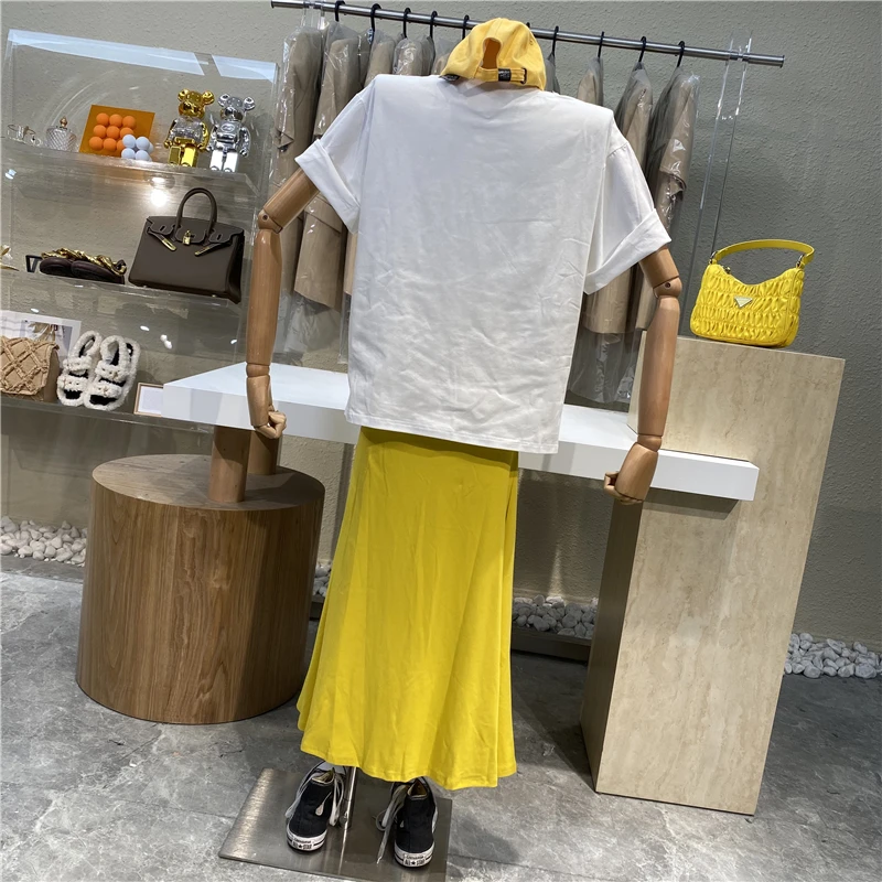 

2021 Simple Letter Printed Round Neck Loose Casual Joker T-shirt+high Waist Slim Split Fishtail Skirt Two-piece Suit