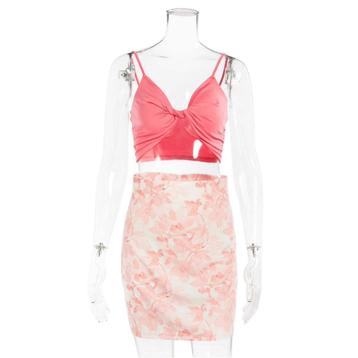 

Women's Cami Top Skirt Suit Fashion Solid Color Exposed Navel Suspender Top and Floral Skinny Midi Skirt