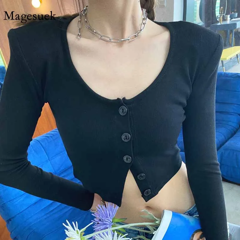 Женский однотонный черный вязаный джемпер с длинным рукавом короткий топ