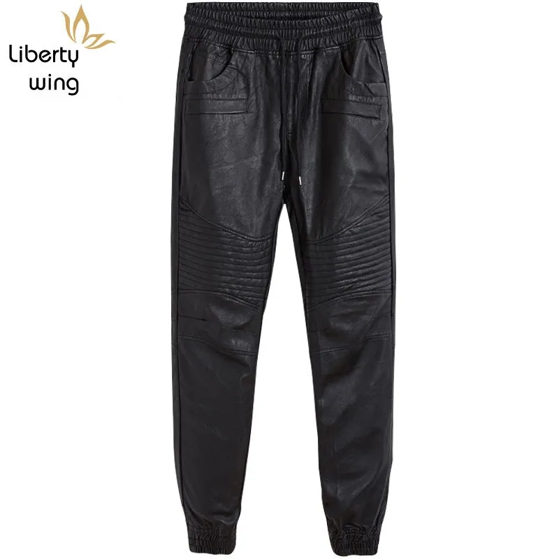 Мужские лоскутные брюки из ПУ кожи повседневные байкерские с поясом на шнурке