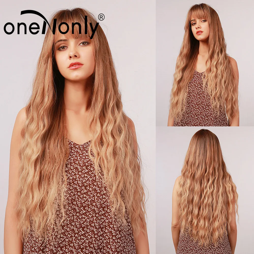 

oneNonly Long Ombre Brown Blonde Loose Wave Synthetic Wigs with Bangs for White Black Women Cosplay Natural Hair Heat Resistant