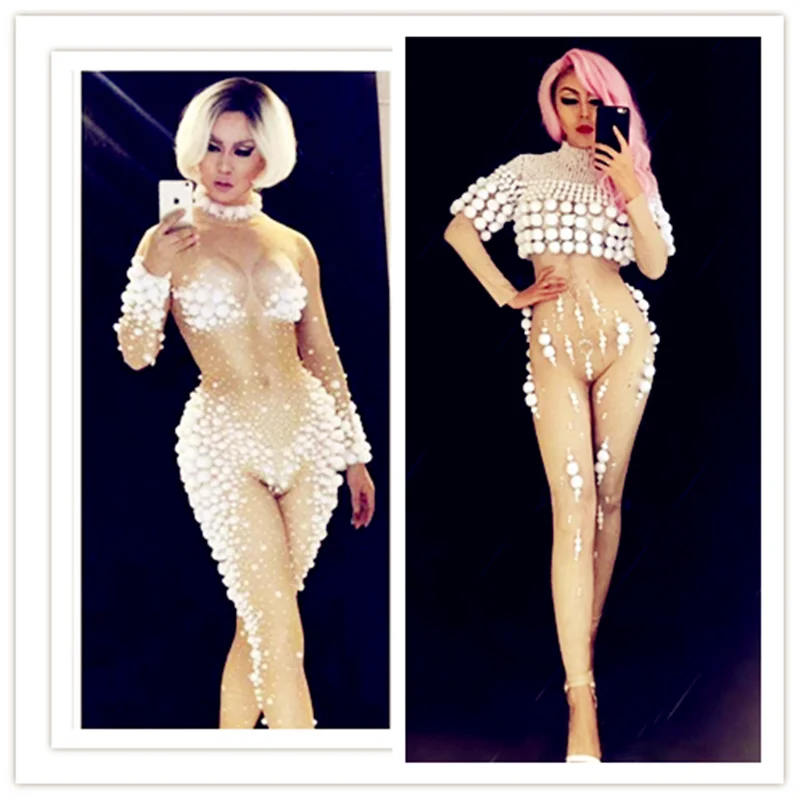 Белый телесный цвет стрейч Комбинезон ночной клуб костюм сценическое боди