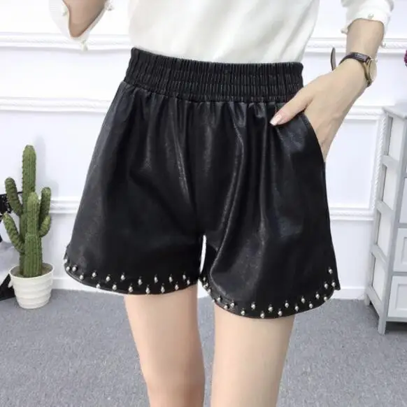 Женские шорты из искусственной кожи Осень-зима 2019 короткие с заклепками