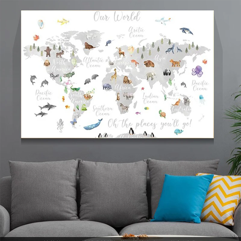 

Cartoon Animal World Map Canvas Painting Posters and Prints Quadros Wall Art Picture for Kids Room Home Decoration Cuadros