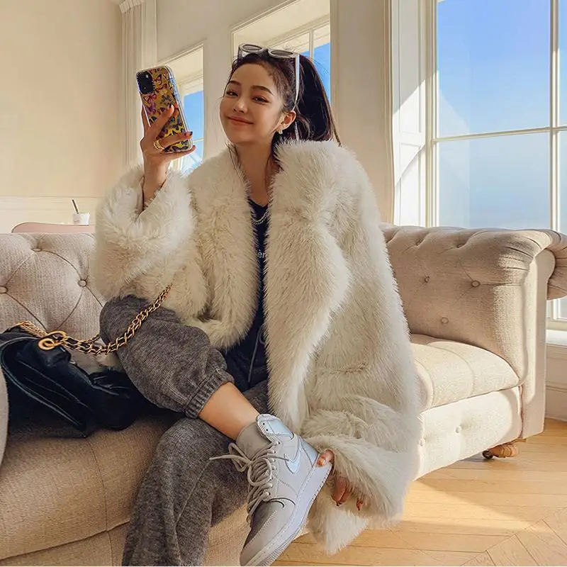 

2021 Fashion Winter Thick Faux Fur Coat Women Loose Long Sleeve Faux Fox Fur Jacket Female Casual Warm Mid-length Outwear N154