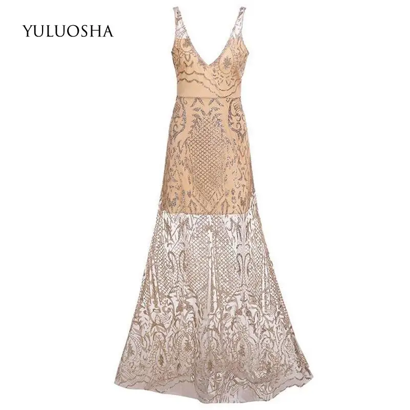 YULUOSHA новое золотистое вечернее платье с блестками Длинные вечерние платья для