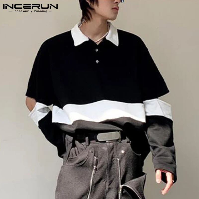 

Мужская Повседневная рубашка, с отворотом и длинным рукавом, в стиле пэчворк, уличная одежда, 2021, корейская мода, INCERUN S-5XL