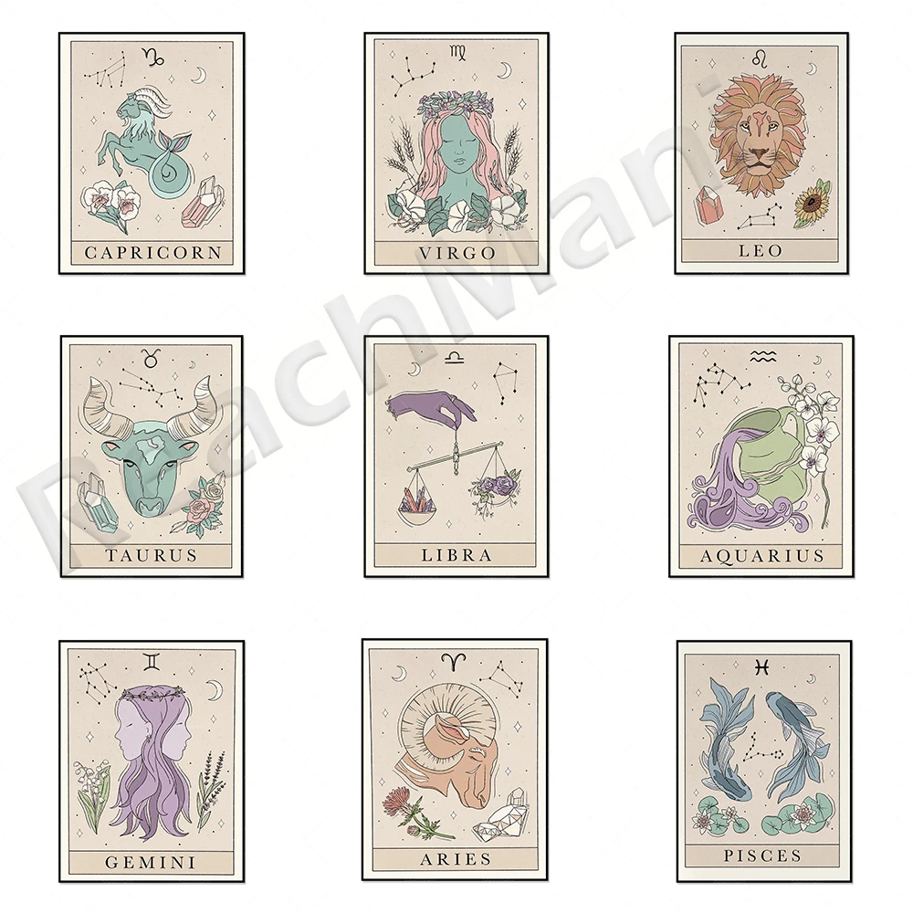 

Zodiac constellation art prints: Astrology inspired by Tarot cards, printable wall art, Bohemian style wall decorations, Tarot c