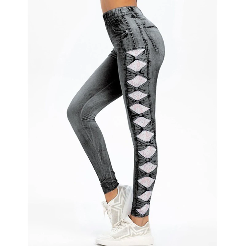Women Denim Jeans 3D Print Lace Bowknot Skinny Jean Jeggings High Waist Ninth Pencil Pants Slim Leggings Distressed Trousers | Женская