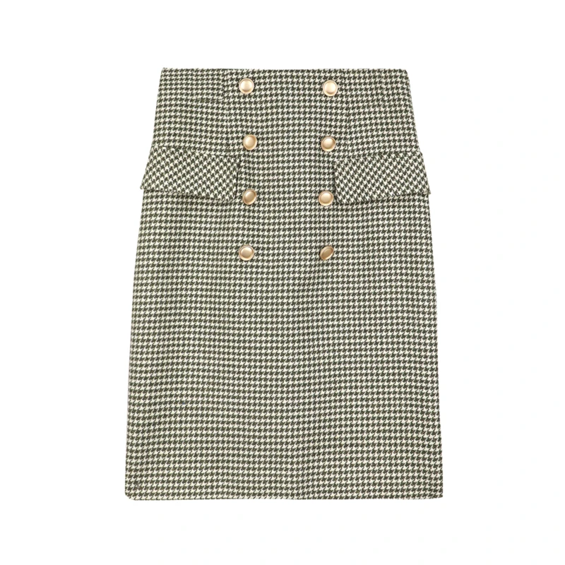 Woolen Double Breasted Skirt Winter Women Vintage Plaid High Waist Femininas Sheath Package hip houndstooth | Женская одежда