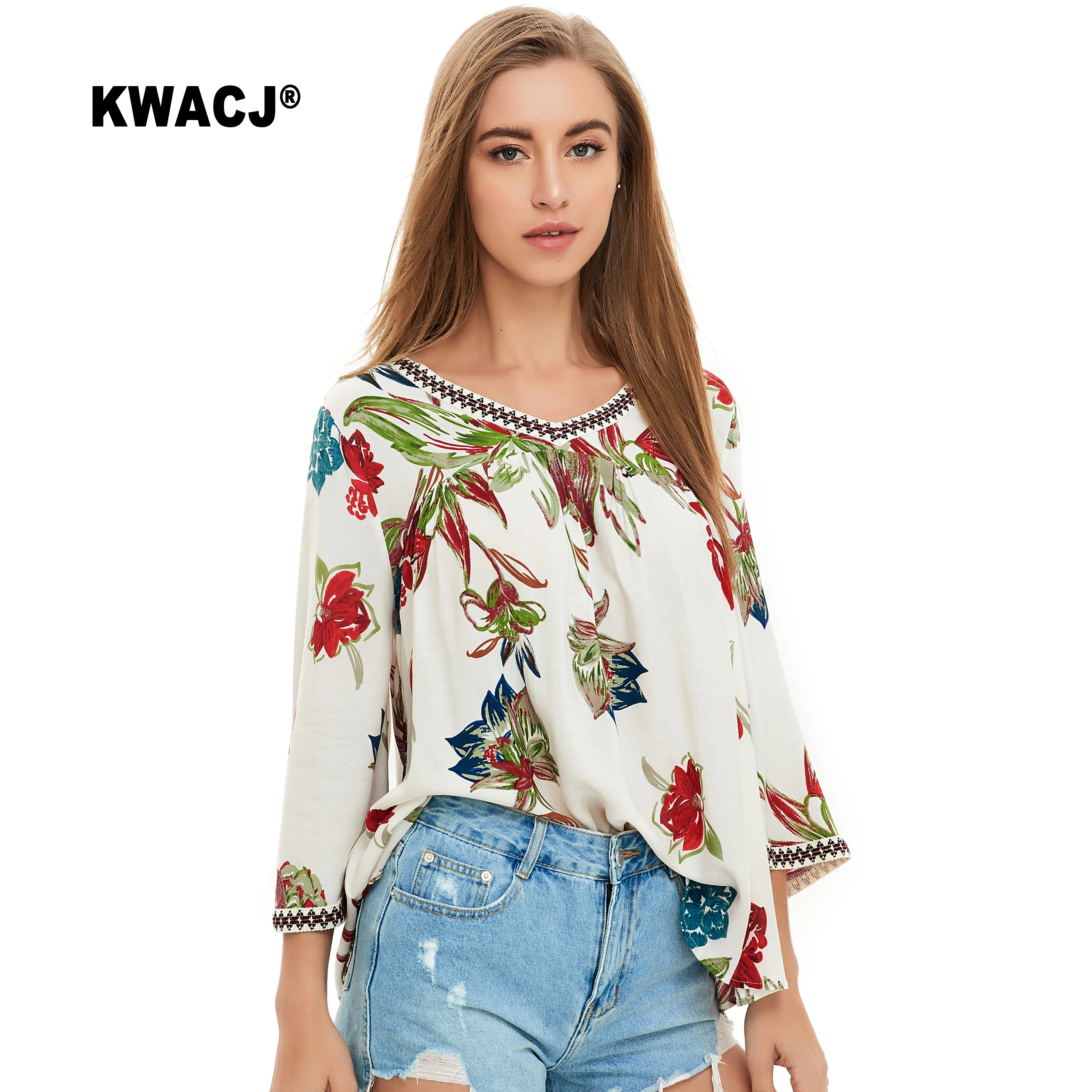 KWACJ Boho блузка с растительным принтом осенняя расклешенная блуза длинным рукавом