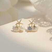 female cute round crystal pearl earrings classic gold color wedding earrings for women charm sea starfish shell stud earrings