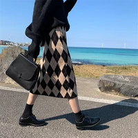 new 2022 autumn winter women skirts checkered knitting high waist fashionable vintage leisure elegant long skirts