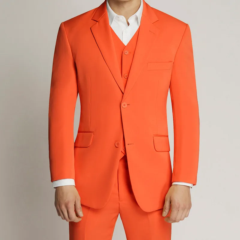 

New Fashion Custom Orange Men Suits Slim Fit Tuxedo Groomsmen For Wedding Dress Dinner Beach Party Suits (Jacket + Vest + Pants)