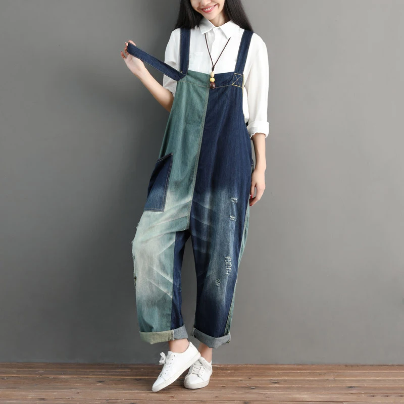 Women Dungarees Jumpsuit Patchwork Ripped Jeans Denim Romper Vintage Suspender Overalls Summer Harem Pants Block Color Jump Suit | Женская