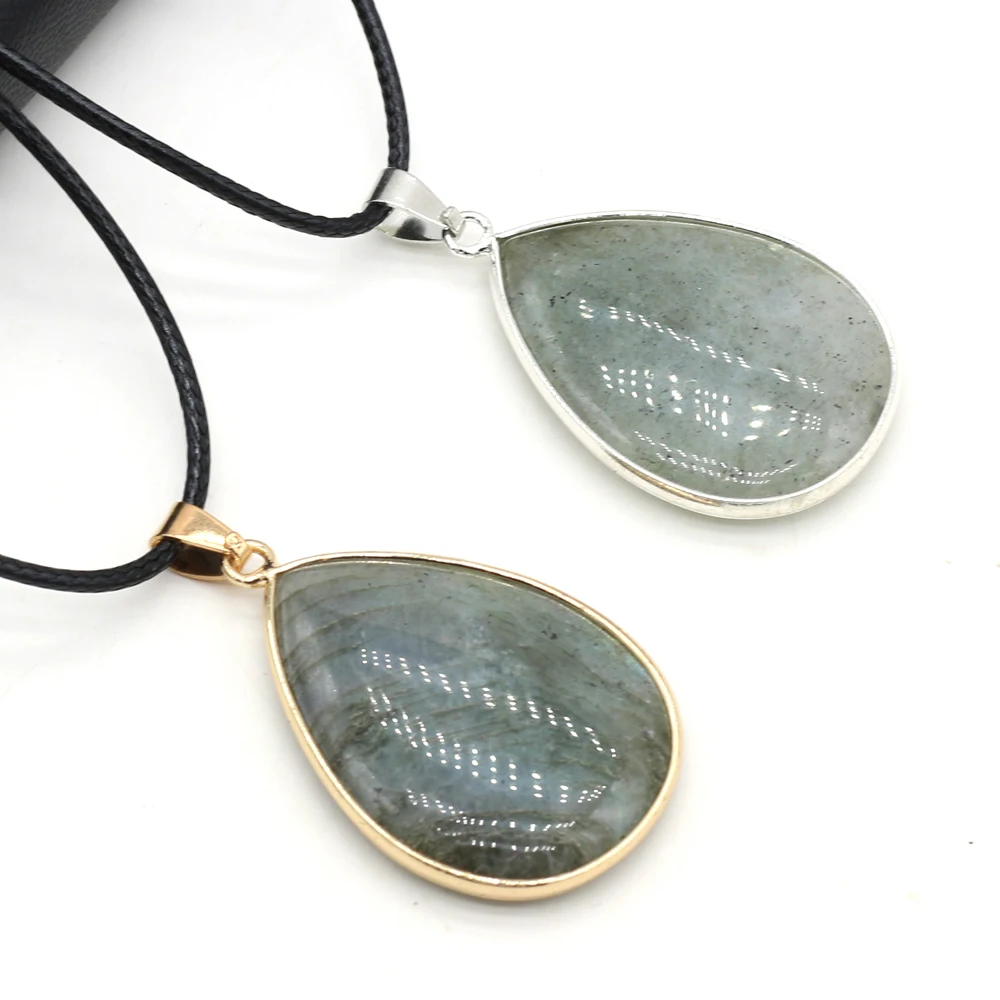 

New Necklace Natural Drop-Shaped Flash Stone Silver Edging-Plated Pendant Necklace for Party Banquet Unisex Jewelry Gift 23x34mm